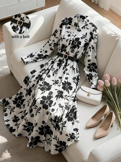 GlowEve CURVE 大码女士优雅黑白撞色数码印花长袖束腰喇叭连衣裙，适合春、夏、秋、冬、情人节、婚礼、派对等场合