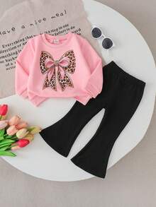 SHEIN 两件套女童时尚字母、蝴蝶结和豹纹印花长袖上衣和喇叭裤套装，舒适休闲，适合春秋季穿着 - 粉色 - 查看 6