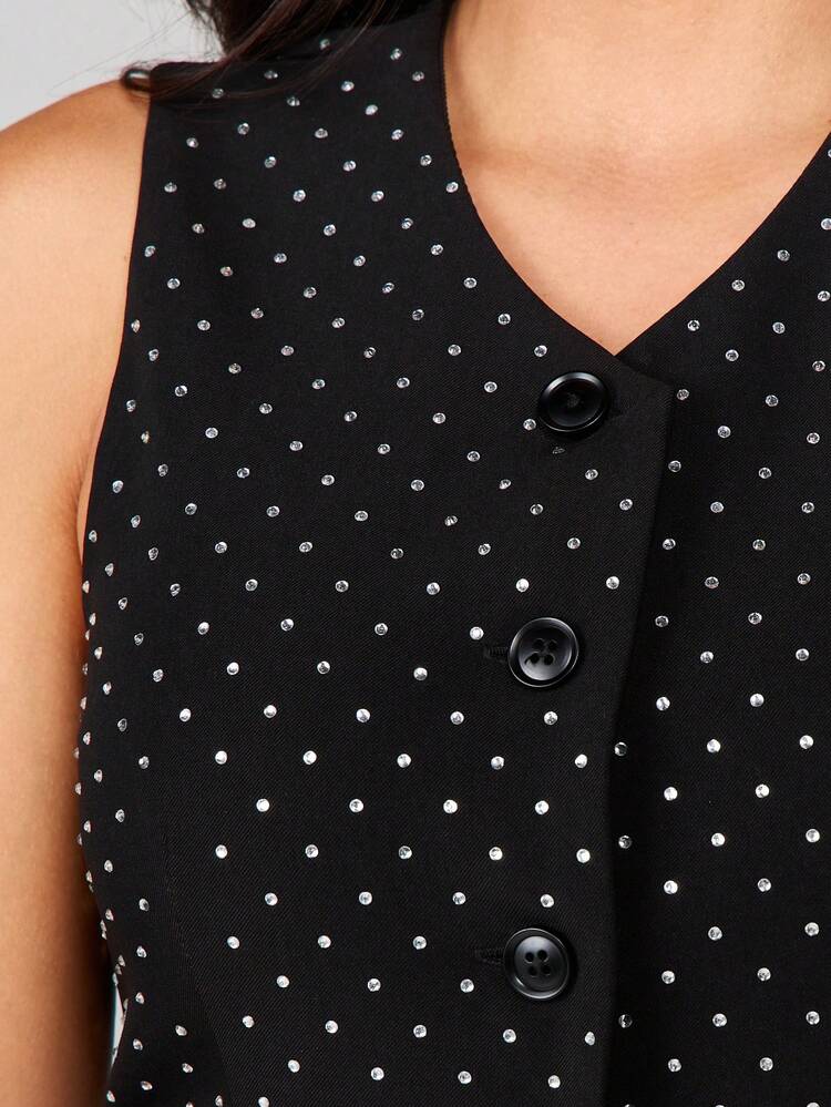 MISSGUIDED Hot Fix Embellished Polka Dot Sleeveless V Neck Waistcoat Vest Top With Button Front Closure