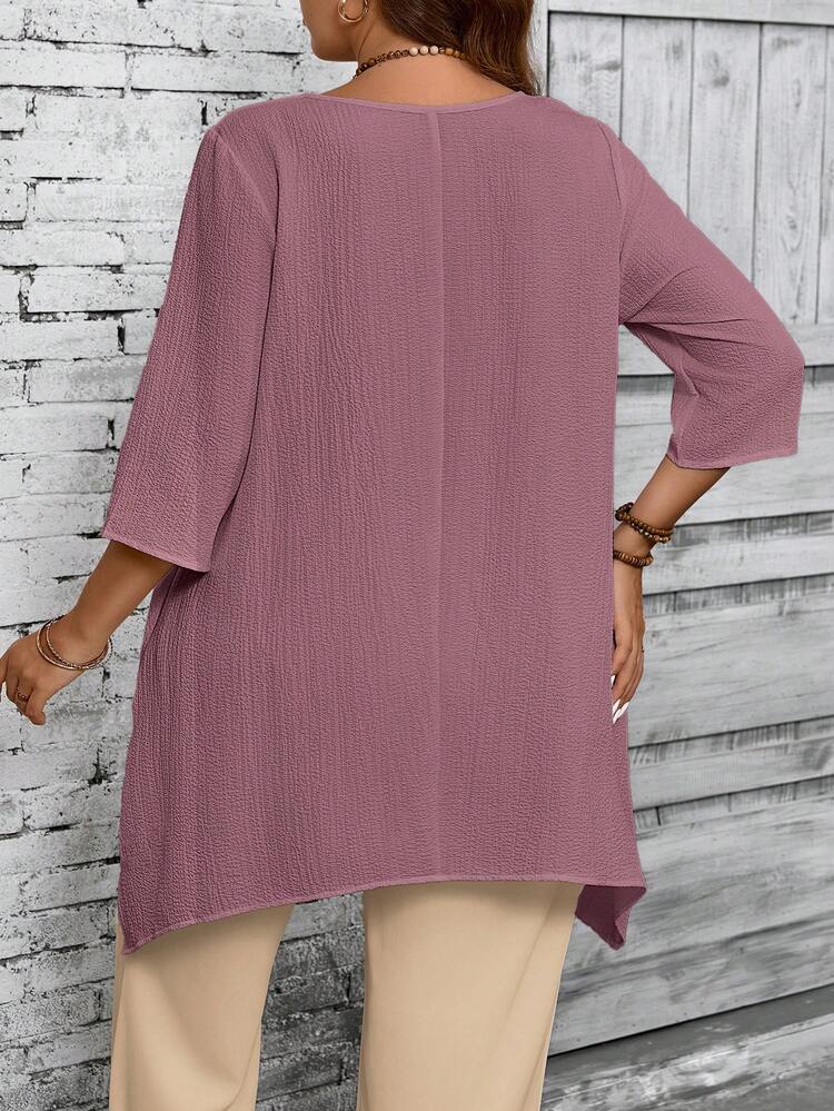 Plus Size Women Round Neck 3/4 Sleeve Asymmetric Hem Casual White Shirt, Spring & Summer Fall Women Clothes  Clothes/Vacation