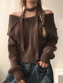 DAZY 女士翻领露肩修身短款毛衣 - 棕色 - 查看 5