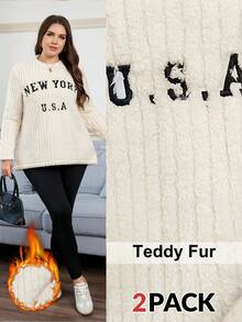 SHEIN LUNE Plus Size Women's Beige 2 Pieces Set Winter Casual School Independence Day Letter Embroidery Fleece Sweatshirt&Black Leggings New York Streetwear - Multicolor - View 13
