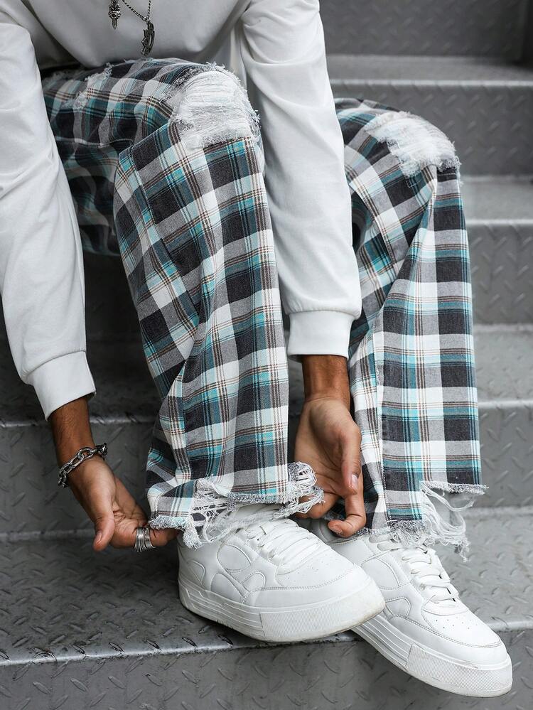 PAVTROS Men's Plaid Print Distressed Pocket Casual Fashion Jeans Men S Plaid Pants - Multicolor - View 4