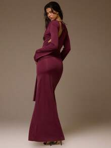 MUSERA 深V领垂褶开衩细节系带长袖连衣裙，适合秋季、夜晚外出、优雅性感派对场合、春夏季度假、毕业典礼等场合。 - Bold Plum - 查看 4