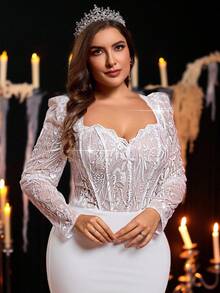 Glamrae Tuta di lusso elegante con maniche trasparenti, scollo a V, patch in pizzo ricamato, tessuto maglia elasticizzato, coppa reggiseno trasparente, allacciatura a spina di pesce sulla schiena, gonna lunga a sirena con bordo in pizzo ricamato, adatta per matrimoni, feste, vacanze, abito da sposa informale (ricamo pesante) - Bianco - Visualizzare 4