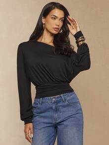 Silquee 女士优雅通勤纯色不对称领蝙蝠袖上衣 - 黑色 - 查看 4