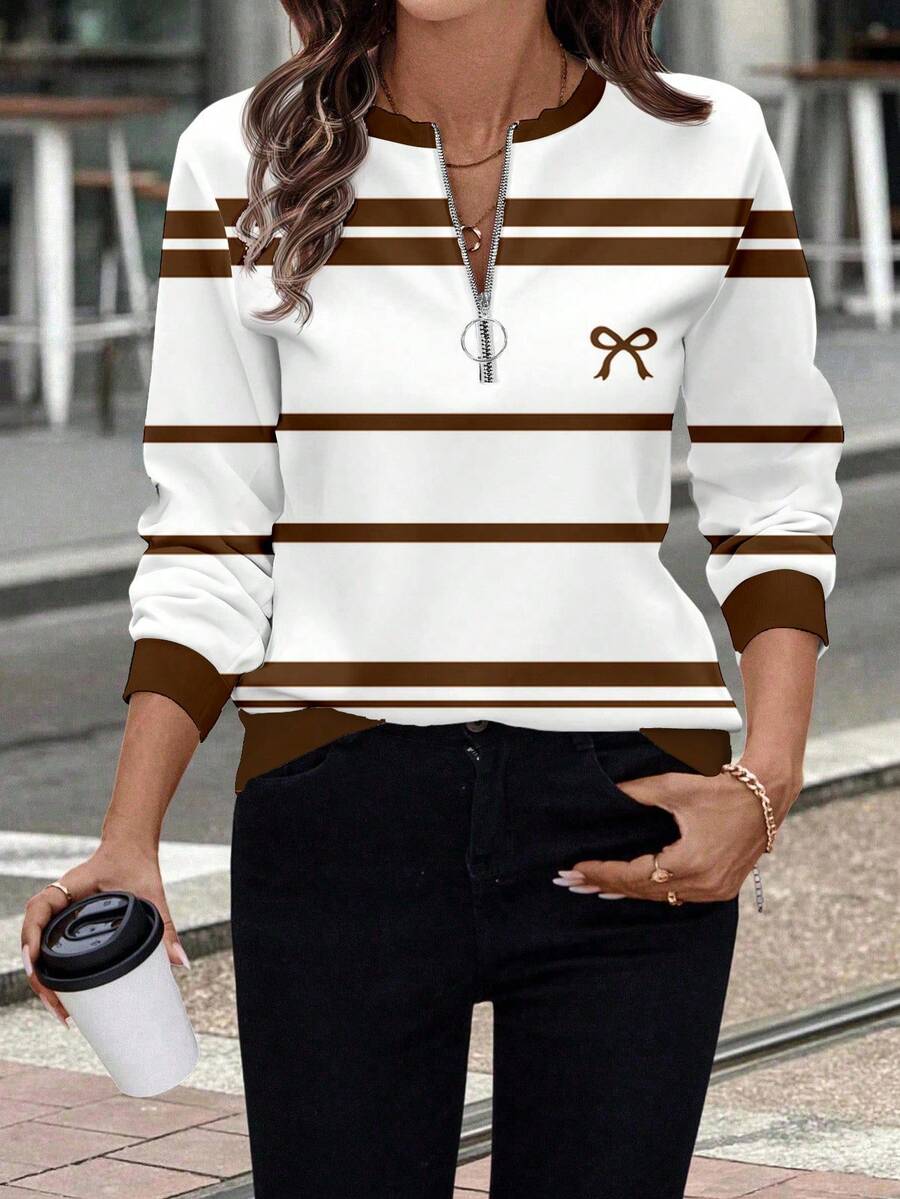 EMERY ROSE Casual Women's Front Zip Up Round Neck Sweatshirt,Casual - White - View 1