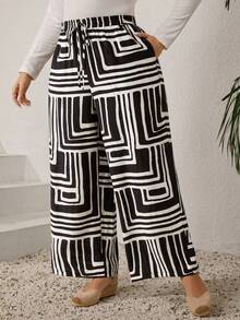 EMERY ROSE Plus Size Women's Black And White Striped Wide Leg Pants,Waist Tie Pocket Loose Casual Trousers,Boho Holiday Style For Autumn,Christmas,New Year Wear - Black and White - View 5