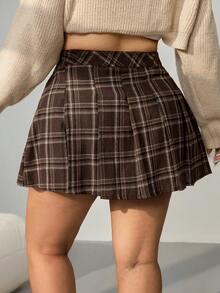 SHEIN EZwear 复古格纹印花休闲纽扣、褶皱、拉链大码迷你裙，秋冬 - 棕色 - 查看 6