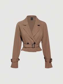 SHEIN MOD Women's Coffee Brown 2 Pieces Set,Summer Business Casual Office Wear,Short Loose-Fit Blazer With Belt & Wide Leg Pants Suit,Elegant Workwear Pantsuit - Brown - View 6