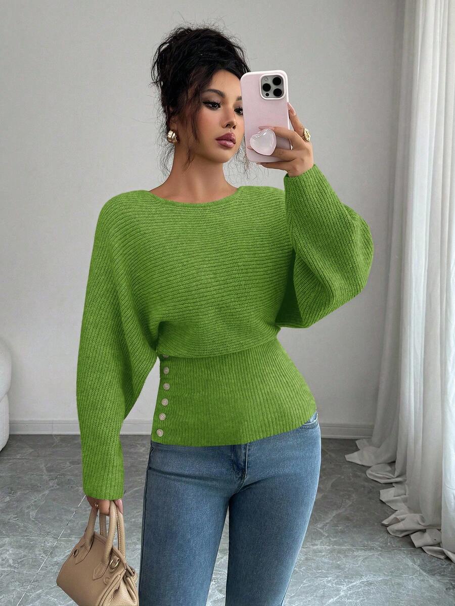 Selianne Women's New Autumn/Winter 1 Piece Design Batwing Sleeve High-End Buttoned Minimalist Everyday Knit Long Sleeve Top - Green - View 1