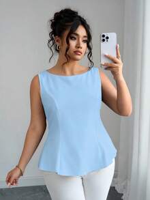 Elenzga Plus Size Women Casual Solid Color Sleeveless Backless Blouse - Blue - View 7