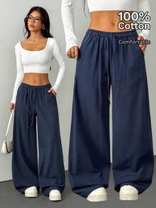 SHEIN PETITE Damen Marineblau Baumwolle und Leinen Hose,Herbst Lässig Loungewear Kordelzug Elastischer Bund Schräge Taschen Weites Bein Hose,Sommer Lockere Hose,Petite Damen - marineblau - Übersicht 7