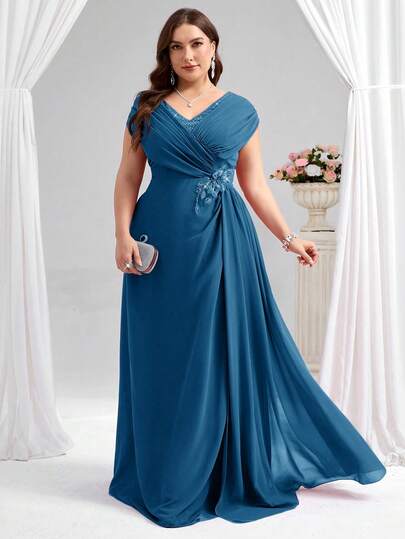 Coutiva Vestido elegante formal para mujer de talla grande con escote en V, decoración de apliques y fruncido, para invitada de boda, madre de la novia, noche de boda y baile de graduación, azul empolvado, otoño