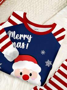 SHEIN Baby Boy Christmas Sleepwear Set,Cute Santa Reindeer Patterns Long Sleeve Top And Pants,Snug Fit Red And White Stripe Autumn Night Pajamas For Kids - Multicolor - View 4
