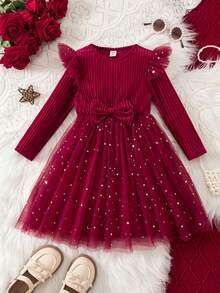 年轻女孩优雅丝绒红色网纱长袖连衣裙 - 彩色 - 查看 2