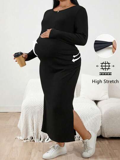 SHEIN Fall Clothes,Autumn Clothes,Materity Autumn Clothes Maternity  Plus Size Solid Color Side Slit Fitted Maternity Dress Pregnant Outfits Dress For Pregnant Women Pregnancy Clothes Long Maternity Dress Maternity Two Piece Sets