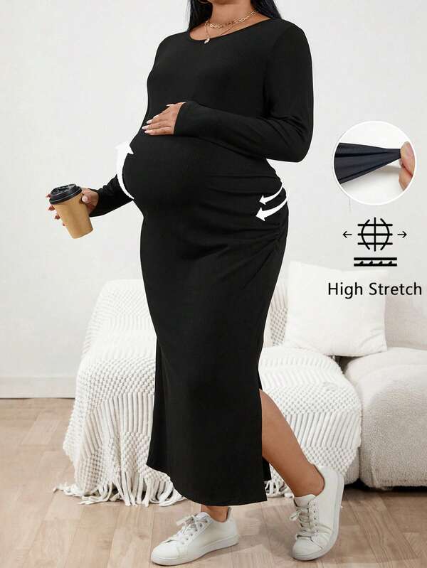 SHEIN Fall Clothes,Autumn Clothes,Materity Autumn Clothes Maternity  Plus Size Solid Color Side Slit Fitted Maternity Dress Pregnant Outfits Dress For Pregnant Women Pregnancy Clothes Long Maternity Dress Maternity Two Piece Sets