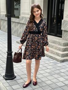 SHEIN NovaGlow Tween Girl Boho Floral V-Neck Lace Patchwork Waist Dress - Black - View 4