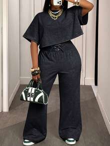 Slaydiva Bộ đồ hai mảnh nữ mùa hè và thu 2025 Áo thun ngắn tay cổ tròn rộng màu xanh lá cây đơn giản thoải mái + Quần ống rộng buộc eo, thích hợp cho du lịch hàng ngày, trở lại trường, tốt nghiệp - Màu xám đen - Xem 8