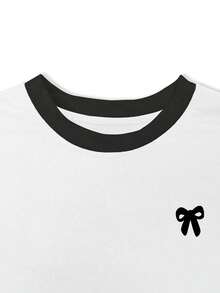 Resyla 女士加大码曲线蝴蝶结印花宽松休闲撞色条纹圆领T恤