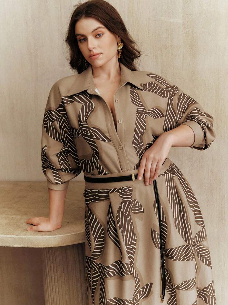 1 set Chemise à manches longues ample et jupe mi-longue avec ceinture, imprimé velours de cerf grande taille. Mode Top de gamme, convient pour le Nouvel An, les vacances, l'hiver