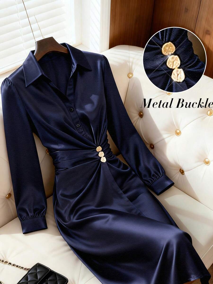 Franclia Đầm suông dài tay vai trơn màu trơn trang trí nút kim loại thanh lịch thắt eo cho nữ - Màu xanh hải quân - Xem 1