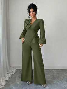 Elenzga Bộ 2 món áo kiểu Pháp tay dài chữ A thắt eo họa tiết hoa thêu tinh tế màu đỏ tía thanh lịch dành cho nữ, phù hợp cho mùa xuân và mùa thu - màu xanh lá - Xem 3