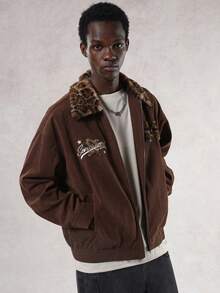 DAZY Men's Brown Patchwork Contrast Collar Letter Embroidery Jacket And Coat, Autumn - Rust Brown - View 6