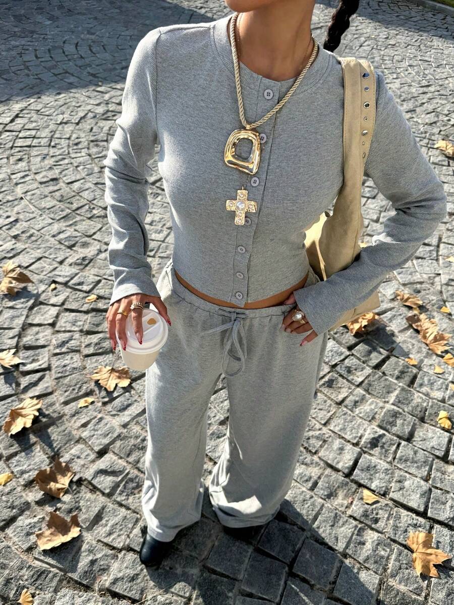 Muchica Women's Casual Knit Loungewear Set, Grey - Multicolor - View 1