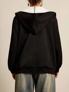 SHEIN LUNE Áo khoác có mũ trùm đầu lót nhiệt màu tương phản cỡ lớn, ấm áp thoải mái, có túi khóa kéo, thích hợp cho tiệc Giáng sinh mùa đông dành cho nữ - màu đen - Xem 6