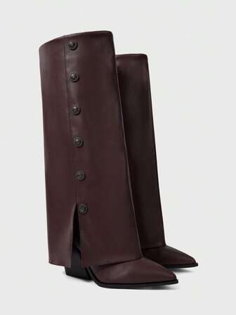 Women's Black Patchwork Tall Boots, Western Style Stacked Heel Pointed Toe Boots