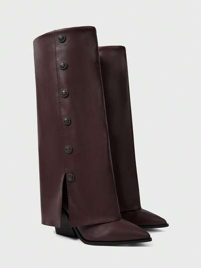 Stivali alti neri con patchwork da donna, stile western con tacco impilato e punta affusolata