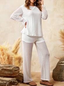 Boho Mama Maternity Two-Piece Set,Women's Boho Lace Textured Top And Pants Set,Adjustable Elastic Waistband,Holiday Birthday White Autumn Casual Matching Set - White - View 2