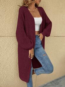 SHEIN Tall CURVE 大码落肩罗纹针织长款开衫，长袖上衣，女士大码长款开衫，修身款，秋冬季必备 - 酒紅色 - 查看 7