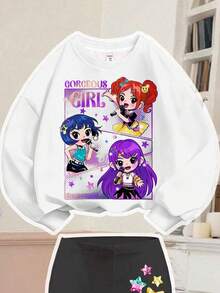 白色韩流卡通少女肖像休闲简约加厚柔软舒适宽松圆领长袖卫衣和喇叭长裤两件套，适合秋季穿着 - 彩色 - 查看 3