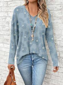 EMERY ROSE Blumen-Muster Oversize V-Ausschnitt Langarm T-Shirt für Damen, geeignet für Musikfestivals und Schulbeginn, Herbst/Winter - Verschiedenfarbig - Übersicht 3