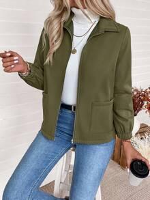 EMERY ROSE Chaqueta de forro polar con cremallera, de manga raglán y unicolor, para mantener el calor - Verde militar - Ver 5