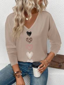 EMERY ROSE Women's V-Neck Heart Print Long Sleeve T-Shirt, New Arrival For Autumn/Winter - Multicolor - View 6