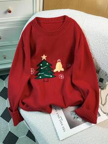 INAWLY Plus Size Women Christmas Tree Pattern Crew Neck Long Sleeve Casual Knit Sweater - Red - View 1