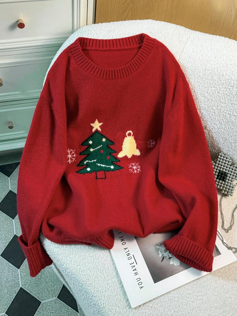 INAWLY Plus Size Women Christmas Tree Pattern Crew Neck Long Sleeve Casual Knit Sweater - Red - View 1