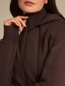 GLOWMODE Fleece Cozy Soft Ribbed Cuffs Hem Thumbholes Detachable Hood Cropped Zip-Up Sweatshirt Daily Casual Wear Fall Winter - Brown - View 5