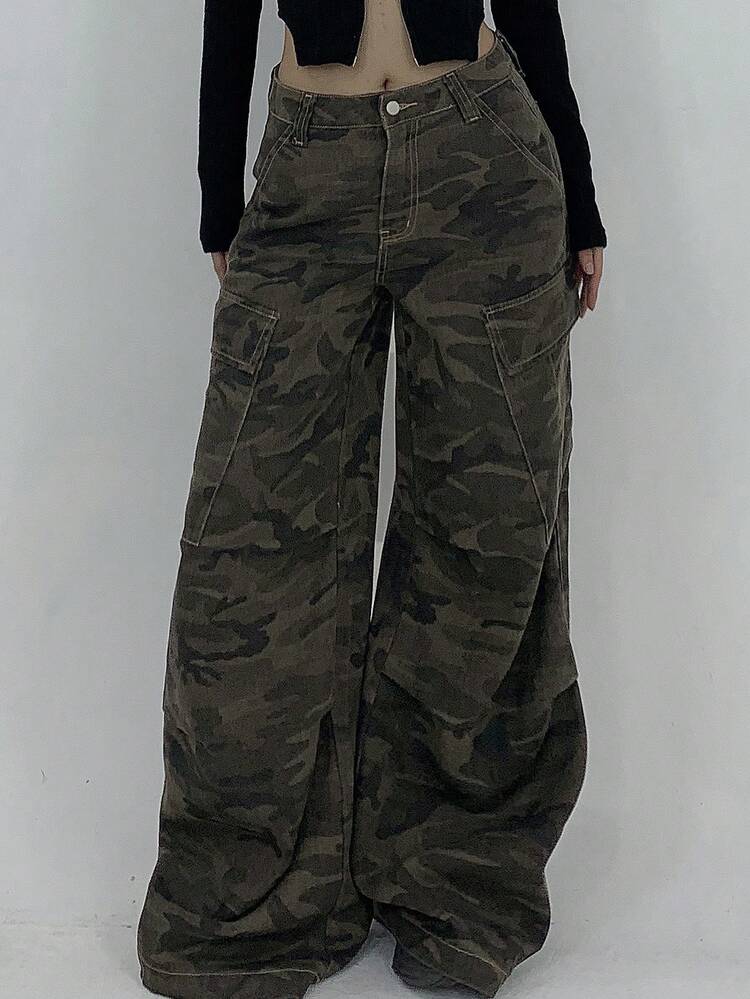 Women's Fully Allover Print Street Style Casual Cargo Pocket Camouflage Korean Denim Jeans