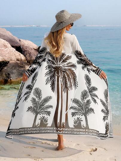 Swim Lushoire 椰树度假沙滩系带复古开襟网纱和服罩衫，休闲简约，黑白热带风情