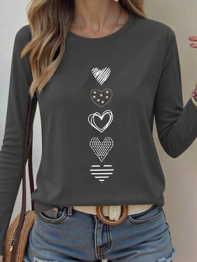1 件女式心形印花圆领长袖休闲衬衫，适合春秋季节，可爱的礼物