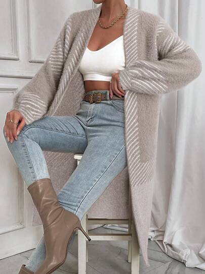 Chiquease Contrast Stripe Pattern Casual Versatile Long Sleeve Cardigan
