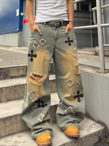 ROMWE MEN Men's Loose Fit Embroidered Patch Denim Jeans - Camel - View 2