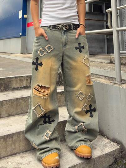 Jeans en denim ample avec patch brodé pour hommes