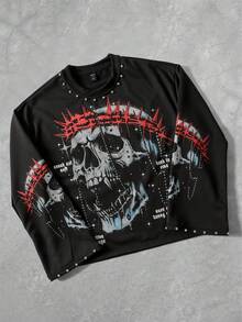 ROMWE MEN Goth Men's Sparkling Diamond Skull Print Long Sleeve T-Shirt - Black - View 1