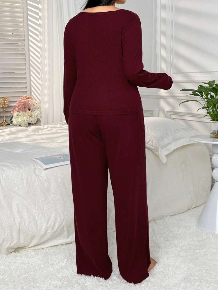 Dazy Plus 2pcs/Set Fashionable Casual Homewear, Red Chinese New Year & Christmas Fitted Top And Loose Pants, Plus Size Women Spring/Autumn Pajama Set